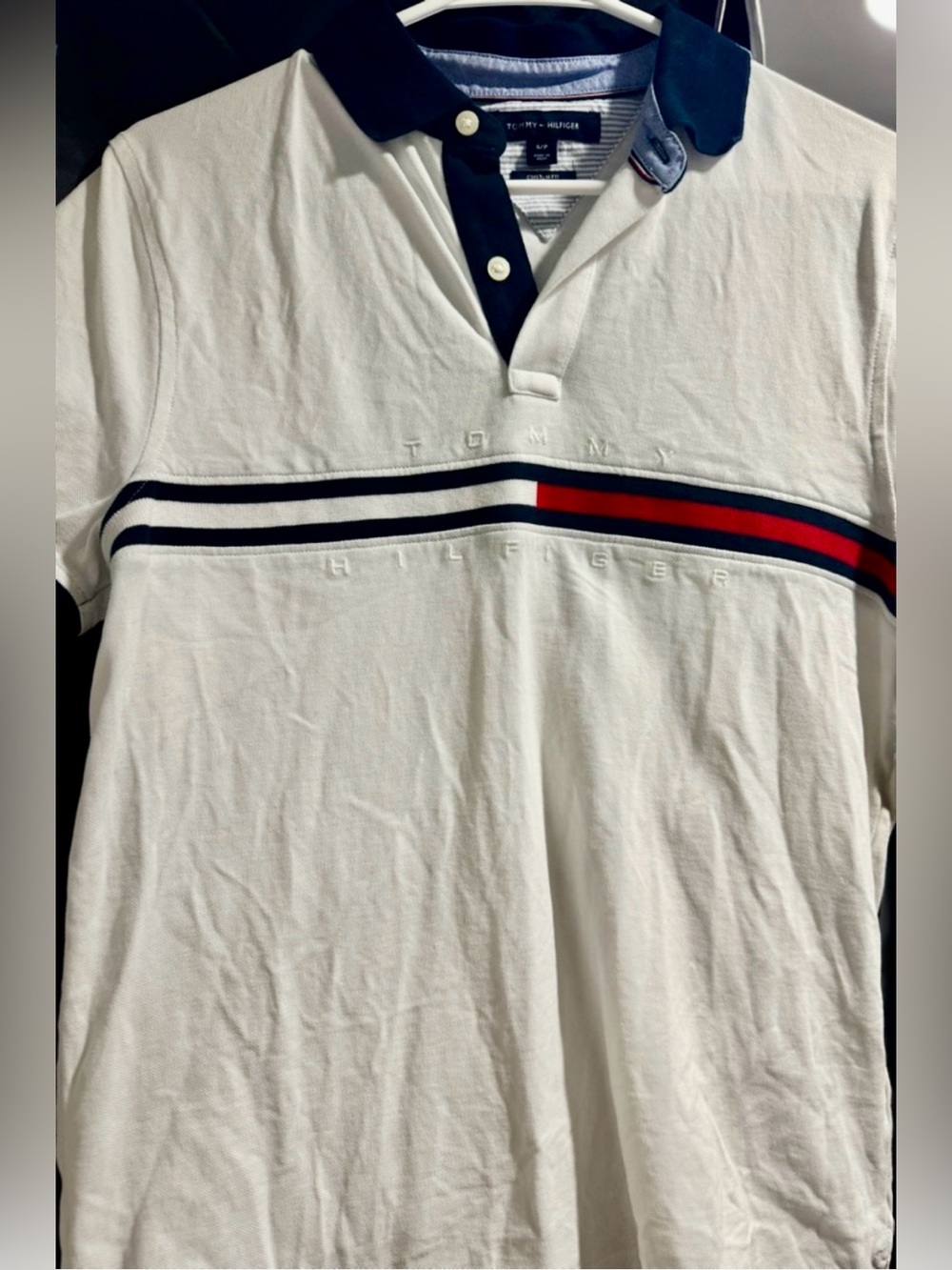 Tommy Hilfiger White Polo with Navy Collar and Red Accent Stripe